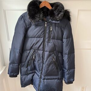 Vince Camuto Navy Blue Mid thigh Jacket with Black Fur Trim size medium